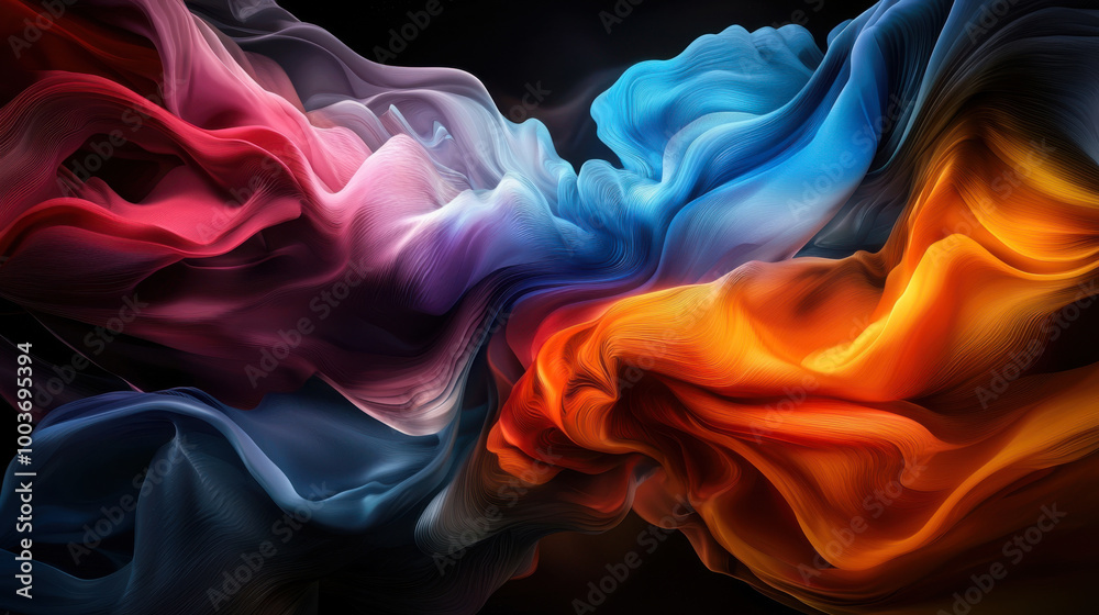 Fototapeta premium Colorful abstract fabric flow, dark background