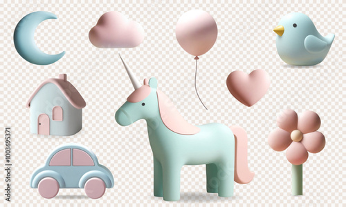 3d rendering set with cute unicorn, bird, heart, moon in pastel colors. 3d kids toys and nursery elements.