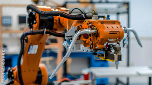 A robotic arm with metallic frame and wires working in a factory assembly line.