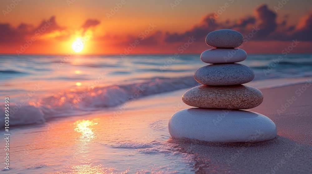 Stacked stones on beach at sunset, tranquil Stacked stones on beach at sunset, tranquil