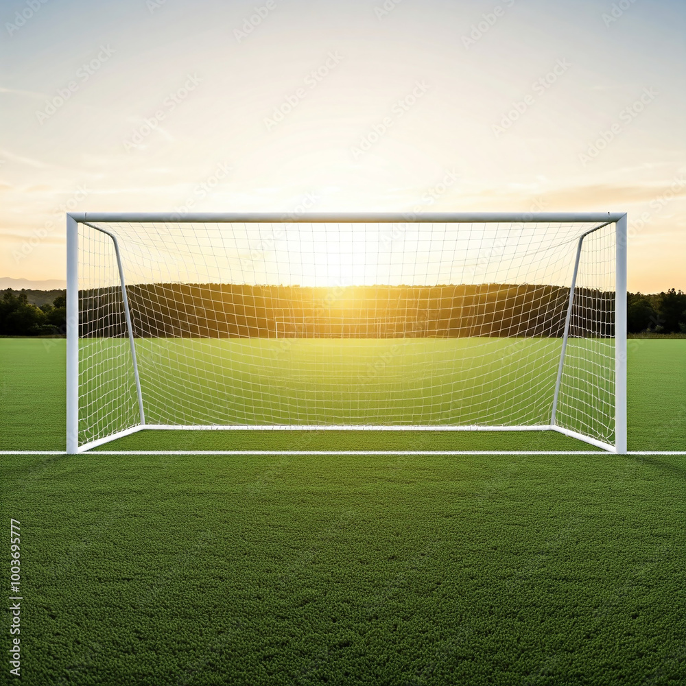 Fototapeta premium soccer goal on field. football stadium with sky. soccer field with lights. soccer field with stadium. green playground stadium with clouds.