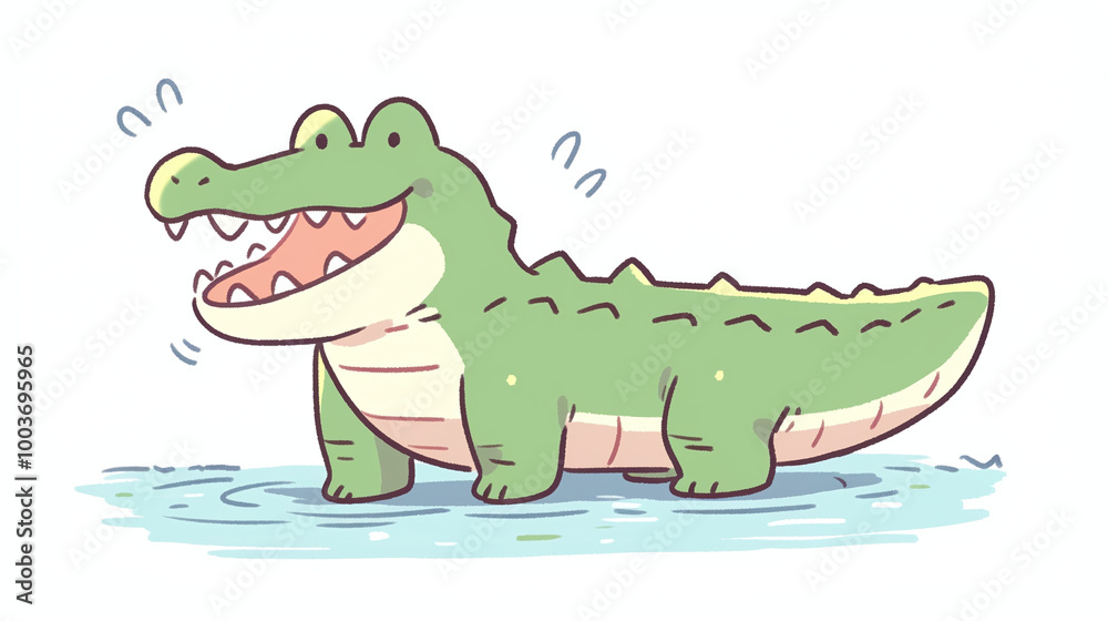 Naklejka premium Cute Cartoon Crocodile Smiling in Water - Digital Art Illustration