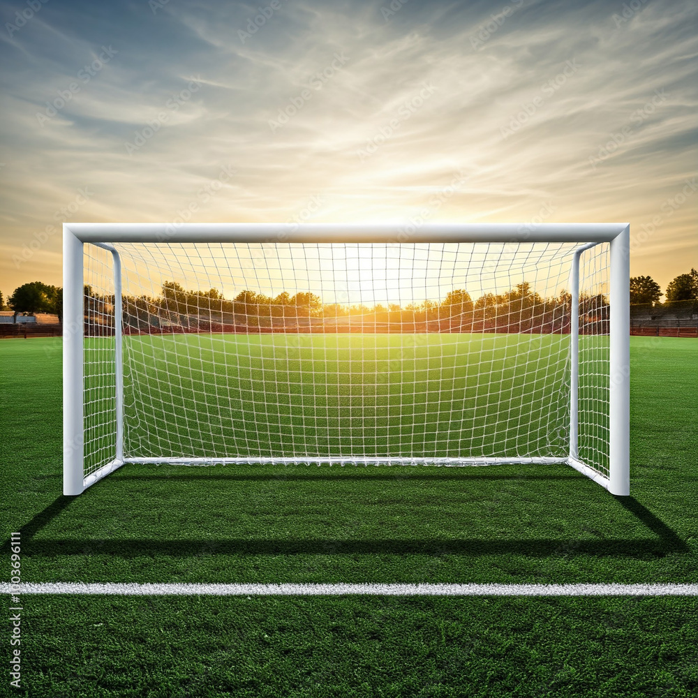 Fototapeta premium soccer field with goal. football stadium with sky. soccer field with lights. soccer field with stadium. green playground stadium with clouds.