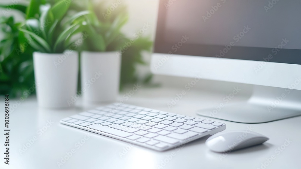 Fototapeta premium Modern workspace with a computer, keyboard, and green plants on a bright desk.