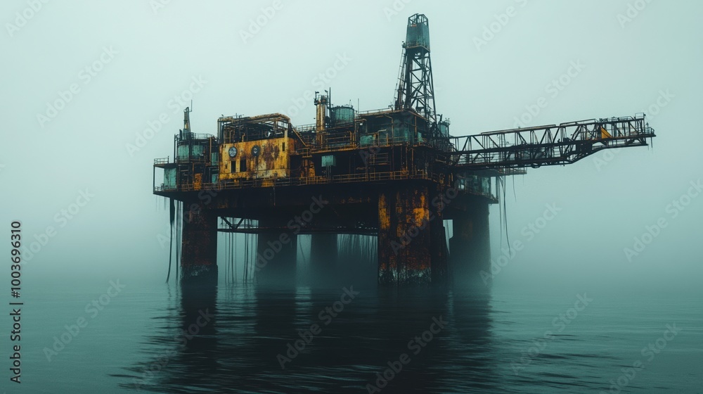 Offshore oil platform in foggy waters, showcasing industrial structure and environment.