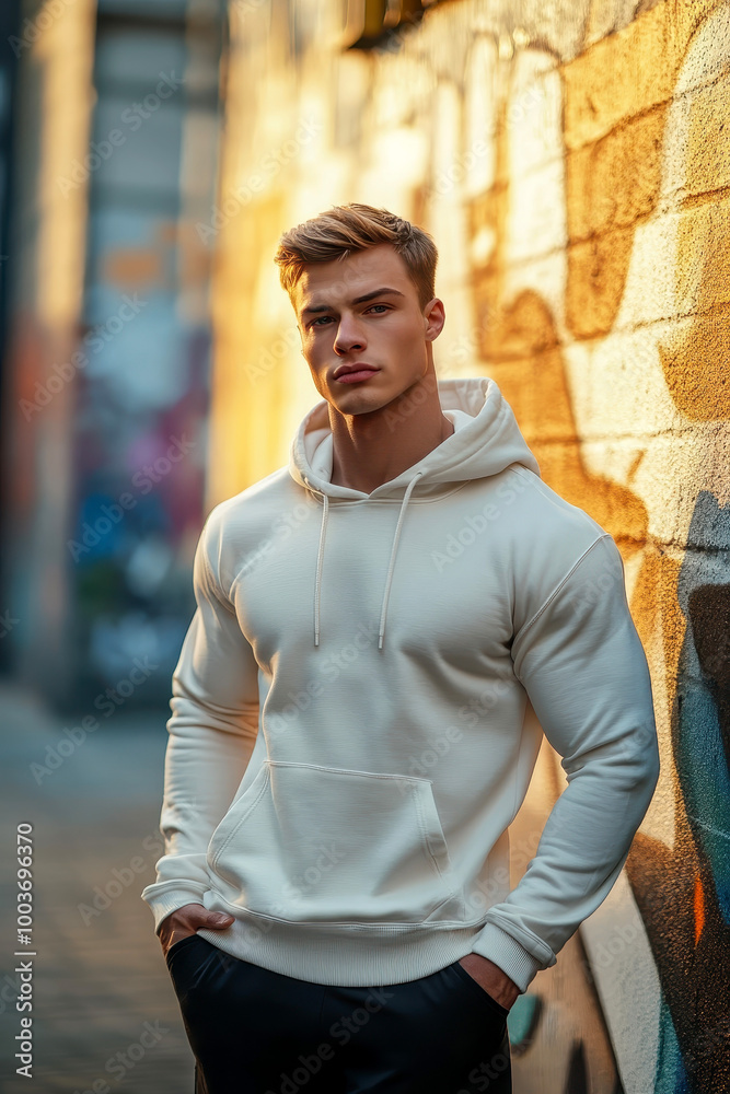 a fashion portrait man in street art with white plain hoodie mockup, AI Generated