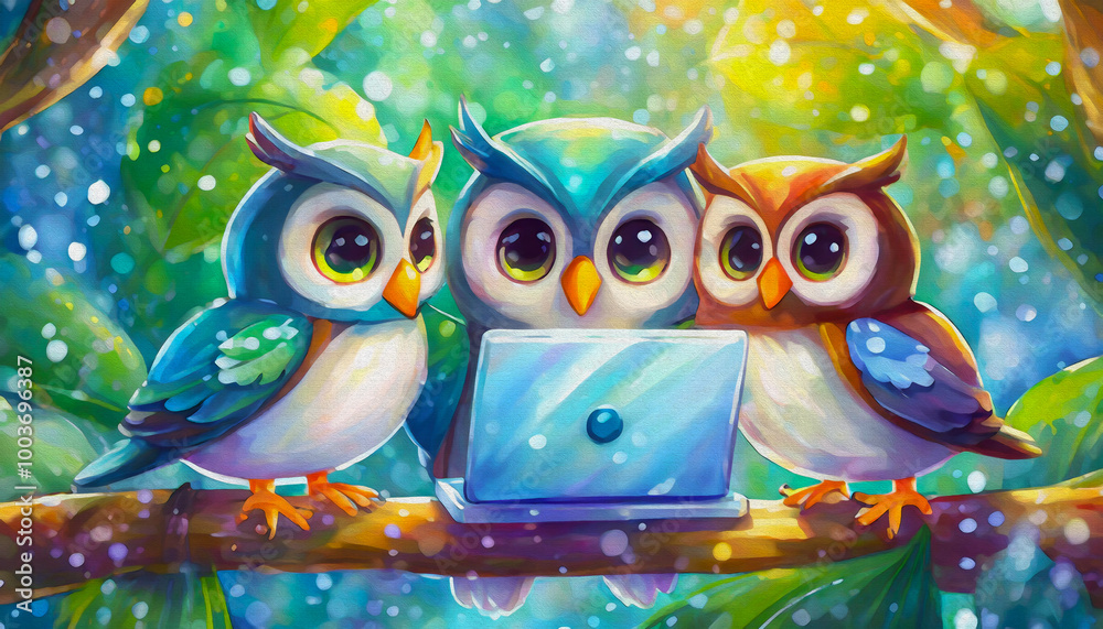 Naklejka premium oil painting style cartoon character illustration Owls gathered around a laptop,