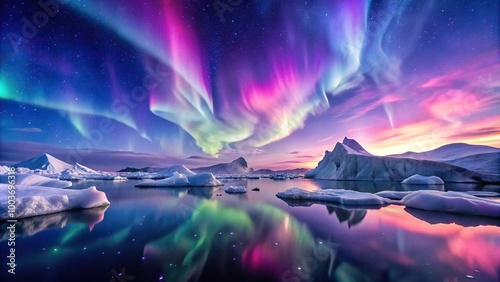 White Arctic icebergs with colorful Aurora Borealis in the sky