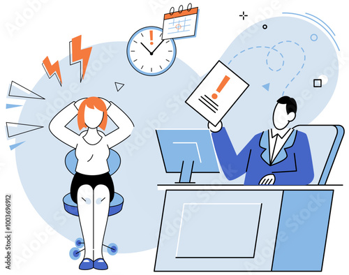 Businesswoman character sitting in cabinet, working under stress and pressure of big boss, chief scolds subordinate, deadline. Financial and economical crisis, overloaded with problems and tiredness
