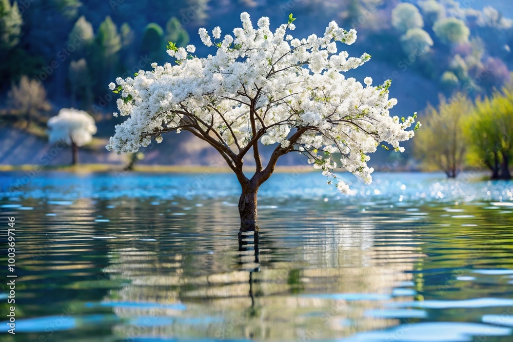 White blossom tree reflected in water, artistic