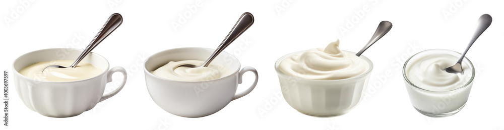 Bowls of Creamy Yogurt with Spoons Isolated on White Background Bowls of Creamy Yogurt with Spoons Isolated on White Background