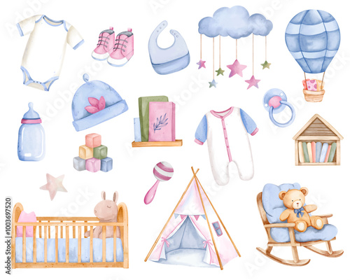 Watercolor baby accessories and toys. Hand drawn nursery set in pastel colors. Things for newborn