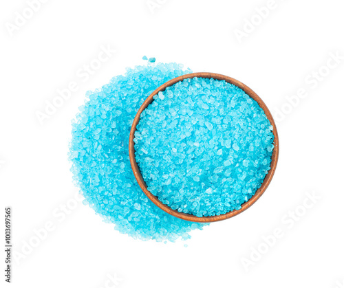 Blue Salt Crystals in Wood Bowl Isolated, Bath Salt for Spa Relax, Cupric Sulfate or Copper Sulfate photo