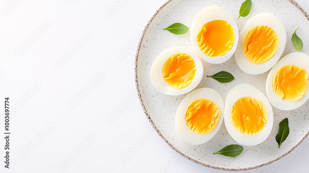 A plate of halved hard-boiled eggs with fresh green leaves on a white background. A plate of halved hard-boiled eggs with fresh green leaves on a white background.