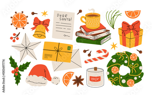 Hygge Winter elements set. Cute and cozy cartoon vector collection. Illustration of christmas present, festive garland, warm knitted sweater, envelope, star and skates.