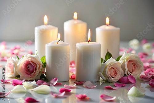 White candles leading lines with roses flowers petals