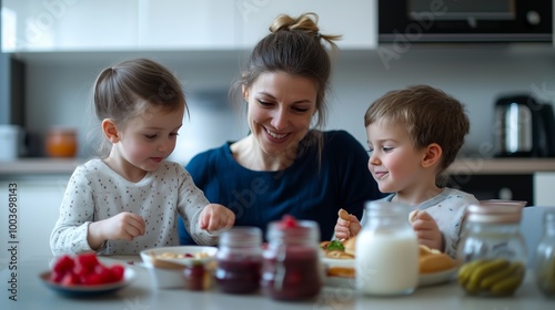 A mother enjoys breakfast with her two young children in a cozy kitchen filled with natural light