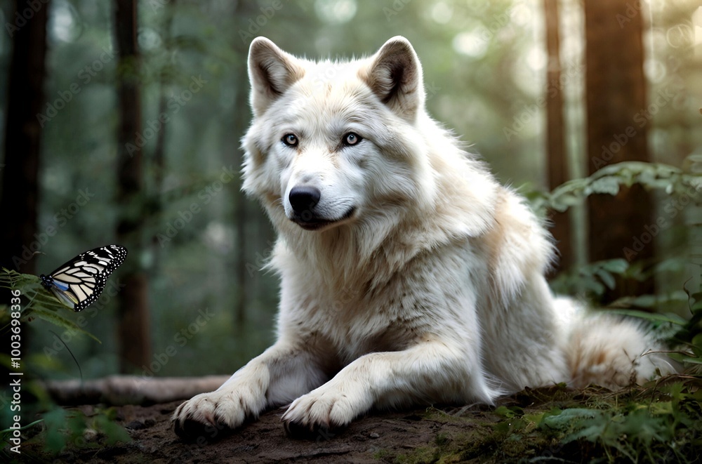 Beautiful white wolf sitting in a beautiful forest and watching a butterfly Beautiful white wolf sitting in a beautiful forest and watching a butterfly