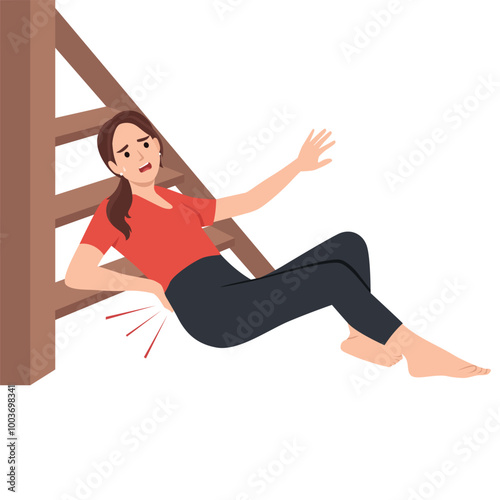 Unhappy woman falls from stairs touch back injury. Flat vector illustration isolated on white background