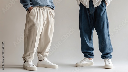 Stylish duo in oversized pants and sneakers.