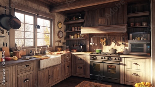 3D effect of a cozy kitchen with rustic appliances, detailed wooden cabinets, and a lively cooking