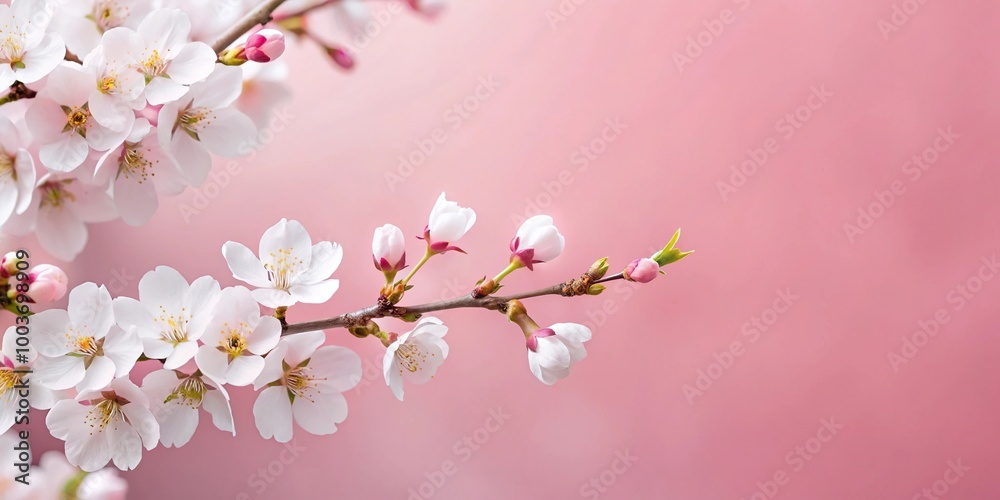 White cherry blossoms on a pink background with minimalist design White cherry blossoms on a pink background with minimalist design