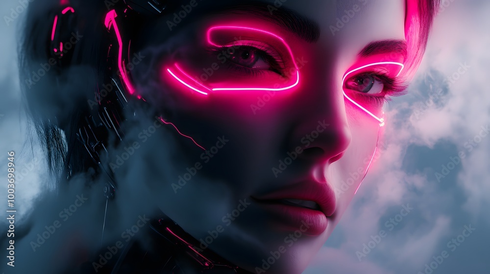 Female cyborg face with pink neon lines on foggy background, futuristic robotic art, 3d render. Female cyborg face with pink neon lines on foggy background, futuristic robotic art, 3d render.