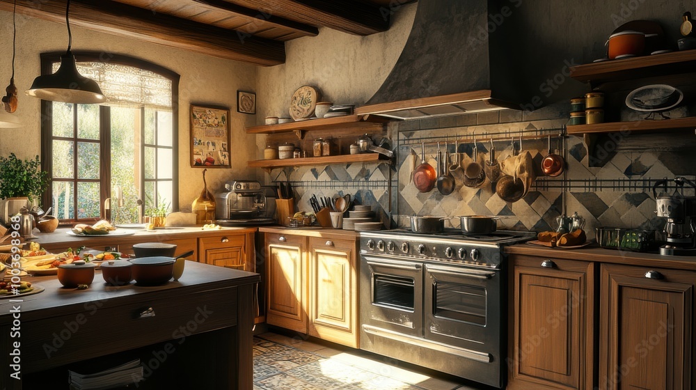 3D effect of a cozy kitchen with rustic appliances, detailed wooden cabinets, and a lively cooking 3D effect of a cozy kitchen with rustic appliances, detailed wooden cabinets, and a lively cooking