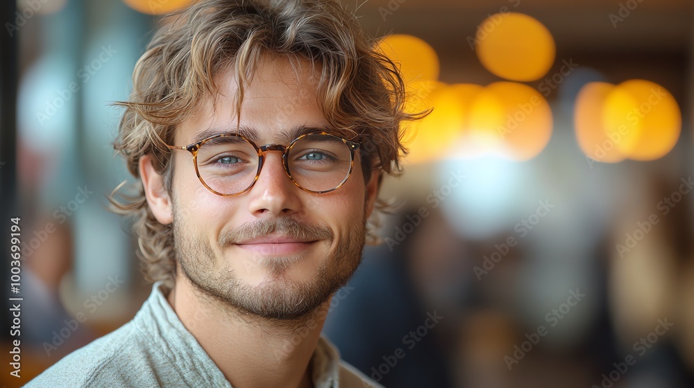 A young man with glasses smiles warmly at the camera, capturing a moment of joy and happiness in a vibrant, lively setting. A young man with glasses smiles warmly at the camera, capturing a moment of joy and happiness in a vibrant, lively setting.