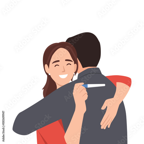 Couple hugs while holding a positive pregnancy test or Test pack. Flat vector illustration isolated on white background