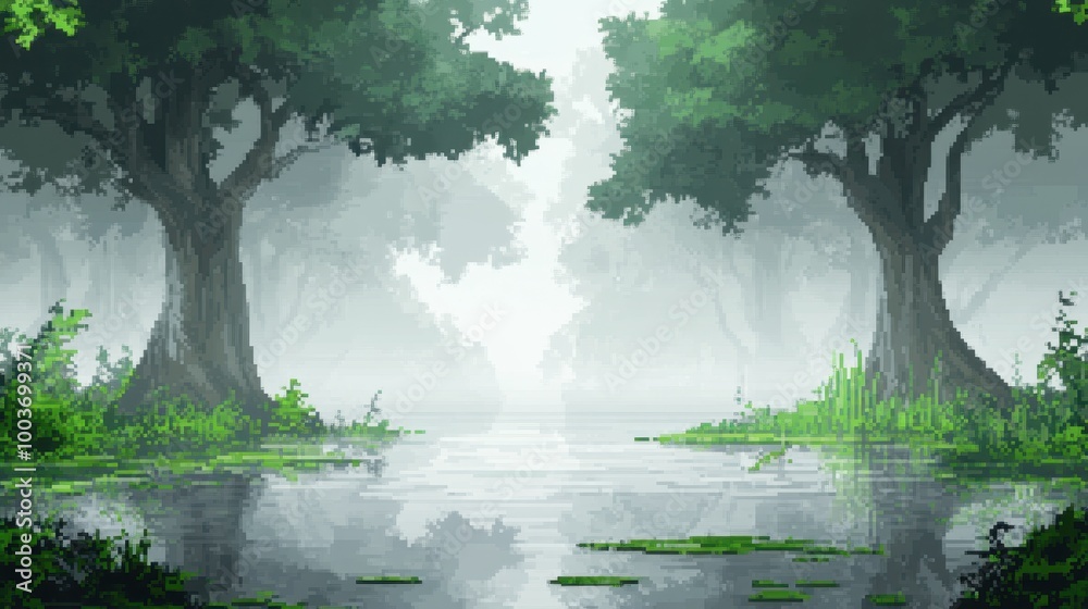 Fototapeta premium Misty Forest with Calm Water Reflection