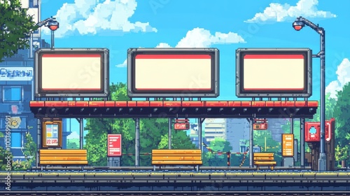 Retro Pixel Art Bus Stop with Blank Billboards