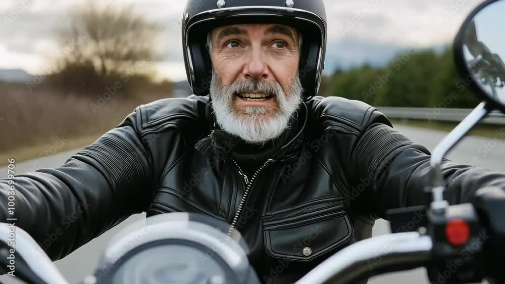 A man in a leather jacket and helmet is riding a motorcycle A man in a leather jacket and helmet is riding a motorcycle