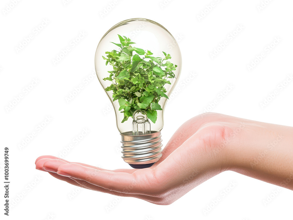 A hand holds light bulb filled with green plants, symbolizing eco friendliness and sustainability. This image represents fusion of nature and technology, promoting environmental awareness. A hand holds light bulb filled with green plants, symbolizing eco friendliness and sustainability. This image represents fusion of nature and technology, promoting environmental awareness.