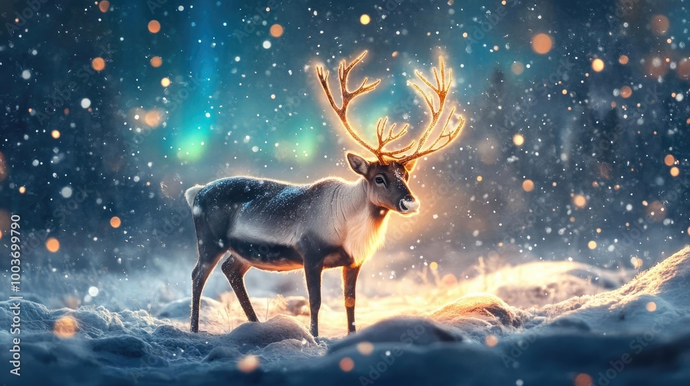 A majestic reindeer stands in a snowy landscape under the aurora borealis, creating a serene winter scene filled with magic. A majestic reindeer stands in a snowy landscape under the aurora borealis, creating a serene winter scene filled with magic.
