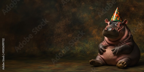 A cheerful hippo wearing a party hat, set against a rustic backdrop, perfect for birthday or celebration themes. photo