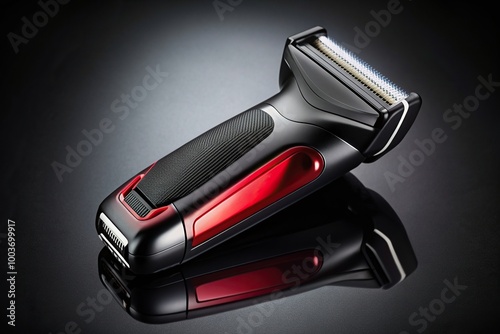 A close up of a sleek black and red electric razor placed on a black background exhibiting modern elegance, grooming tool, close shave, male grooming, fashion, modern, close-up
