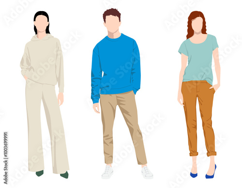 1514_Vector fashion illustration of two beautiful women and handsome man wearing various fashionable casual clothes