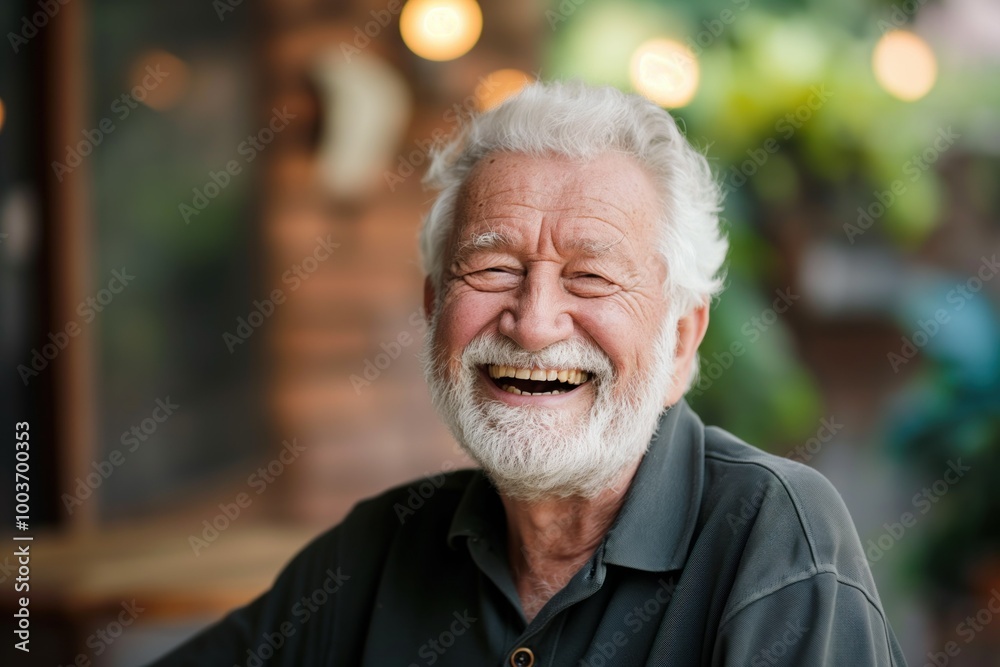 Elderly man with white beard and mustache sits in chair. Gray shirt, warm smile. Brick wall and window background, indoor setting. Man gaze directed towards camera, creating connection with viewer. Elderly man with white beard and mustache sits in chair. Gray shirt, warm smile. Brick wall and window background, indoor setting. Man gaze directed towards camera, creating connection with viewer.
