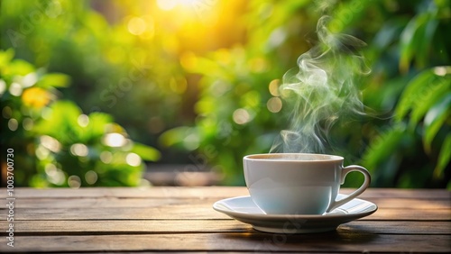 White coffee cup and notebook on wooden table in garden setting, with steam rising from cup