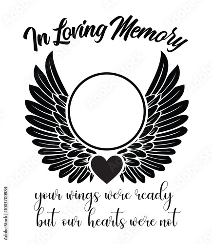 In Loving Memory, Angel wings with heart, In memory of, Rest in peace, In memory, Memorial frame, RIP, Funeral cursive calligraphy