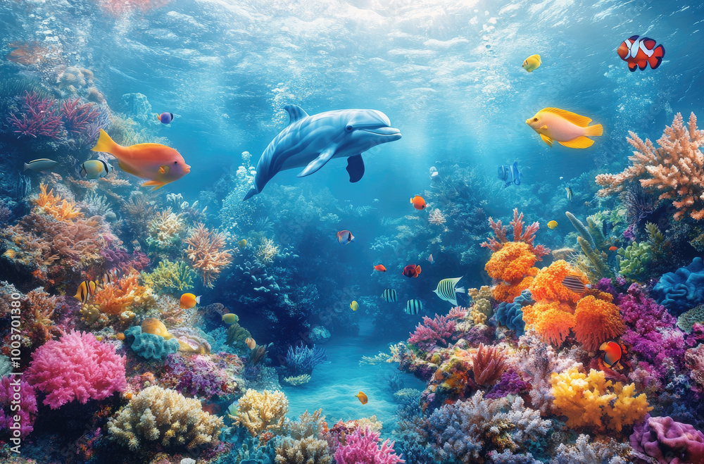 A beautiful scene of dolphins swimming around colorful coral reefs, with vibrant fish and sea plants in the background