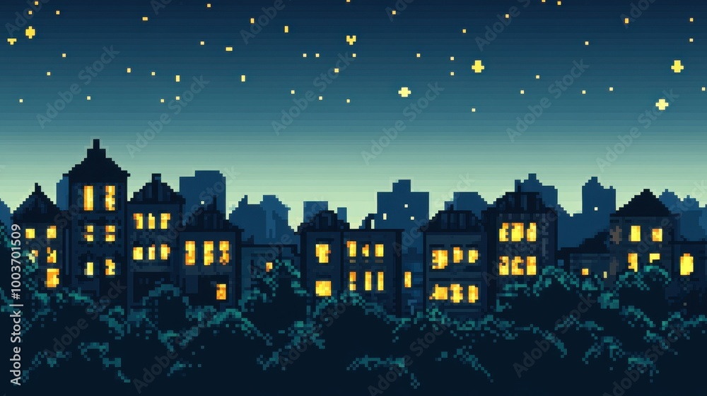 Fototapeta premium Nighttime Cityscape with Pixel Art Style