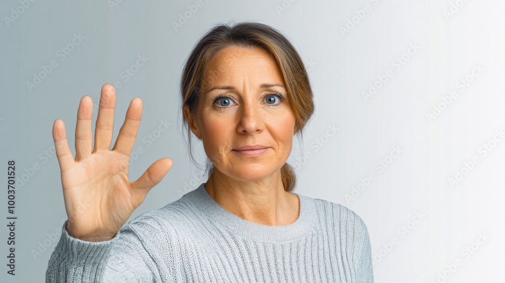 middle aged white woman standing with one hand extended to camera with palm raised in middle aged white woman standing with one hand extended to camera with palm raised in