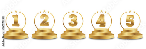 Set of Golden Number Award on Podium Stage. Number Ranking 1 2 3 4 5. Vector Illustration Isolated on White Background.