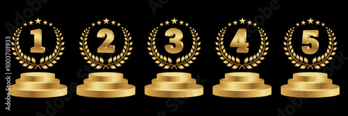Set of Golden Number Award on Podium Stage. Number Ranking 1 2 3 4 5. Vector Illustration Isolated on White Background.