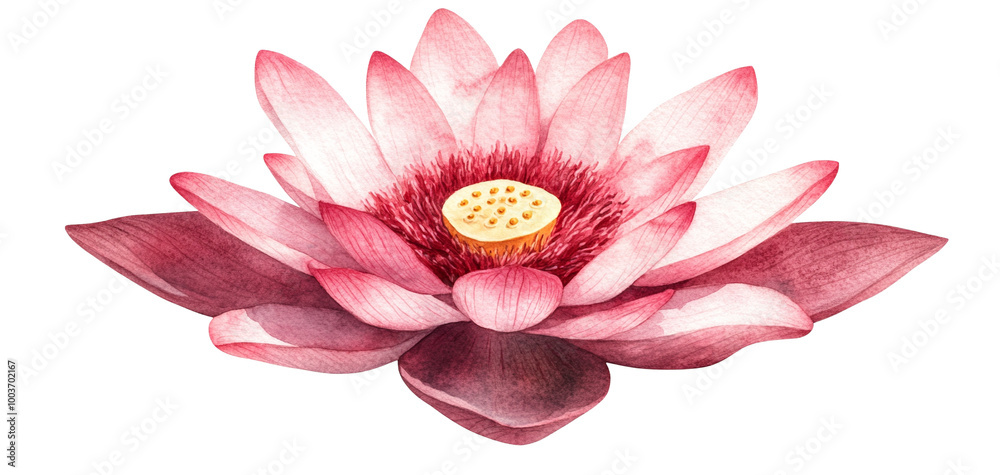 A beautiful pink lotus flower with delicate petals and a striking yellow center, isolated on a white background, perfect for decoration or nature-themed projects.