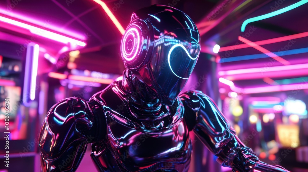 3D effect of a detailed robotic figure with metallic surfaces and neon lights, operating 3D effect of a detailed robotic figure with metallic surfaces and neon lights, operating