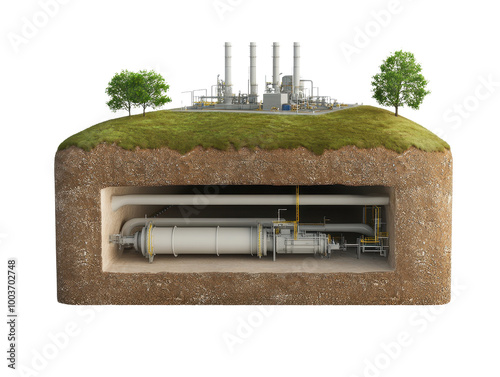 A detailed illustration of gas processing facility, showcasing above ground structures and underground pipelines. image highlights integration of nature with industrial elements, emphasizing sustainab photo