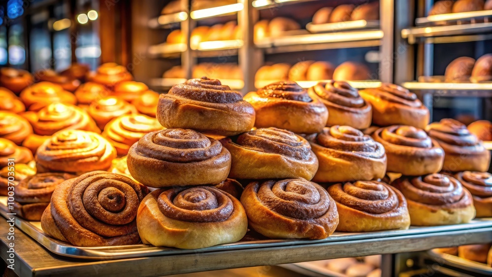 A stack of freshly baked cinnabon rolls arranged neatly in a warm, inviting bakery display. A stack of freshly baked cinnabon rolls arranged neatly in a warm, inviting bakery display.